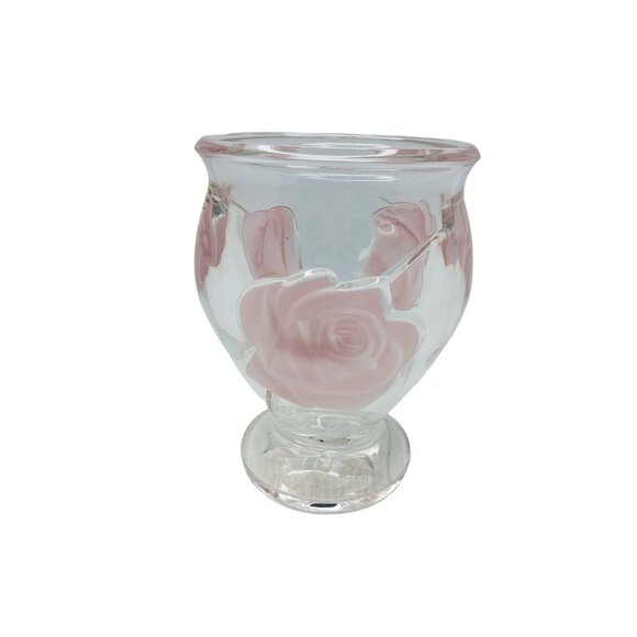 Vintage Teleflora Gifts Heavy Glass Flower Vase Featuring 3D Frosted Pink Rose D - Picture 10 of 13